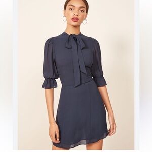Reformation Cassie Necktie Mini dress Navy Blue Sz 0